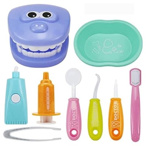 OPTSPTOY 9PCS Plastic Simulation Dentist Play Set Medical Kit Pretend Toy for Kids Hygienic Habbit Cultivation Role Play Game for Children 6 Colors Simple OPP Bag Packaging (Mixed Color) Cover