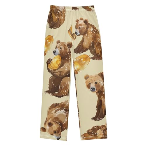 ZZXXB Bear Honey Print Boys Long Pants Soft Trousers Elastic Waist Kids Lounge Bottoms with Pockets S-XL