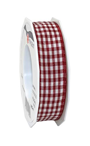 PRÄSENT Vichy Geschenkband mit Drahtkante Bordeaux/créme, 20 m Dekoband zum Verzieren & Basteln, 25 mm Breite, Kariertes Band für Bunte Dekos & Geschenkverpackungen, zu feierlichen Anlässen