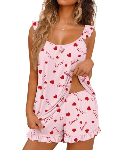 Image of Ekouaer Pajama for Women Set 2 Piece Ruffle Cami Top and Shorts Pjs