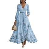 Battnot Festliche Kleider Für Damen, Abendkleider Damen Hochzeitsgast Chiffonkleid Sexy V Ausschnitt Cocktailkleider Langarm Hohe Taille Blumen Kleid Lang Cocktail Kleider Maxi Dress Wickelkleid