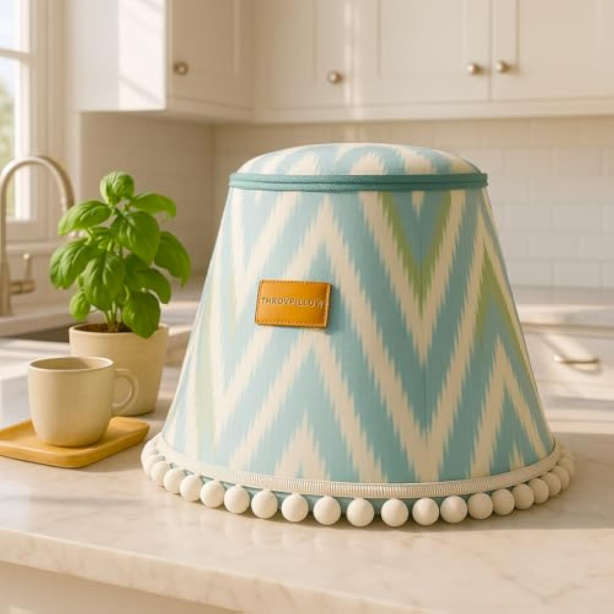 Mixer Cover with Pom Pom Cone Shape Aqua Blue Print
