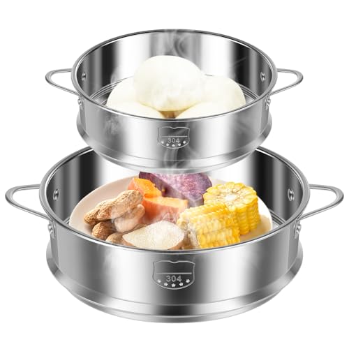 2Pcs Stainless Steel Steamer Insert 20/28cm Rustproof Food Steamer Basket with Handle Dishwasher Safe for Seafood Egg Fruit Vegetable Desert