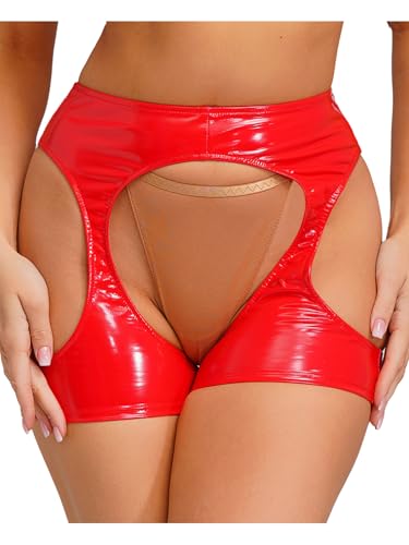YiZYiF Womens Low - Rise Patent Leather Wet Look Hot Pants Hollow Out Design for Party Nightwear
