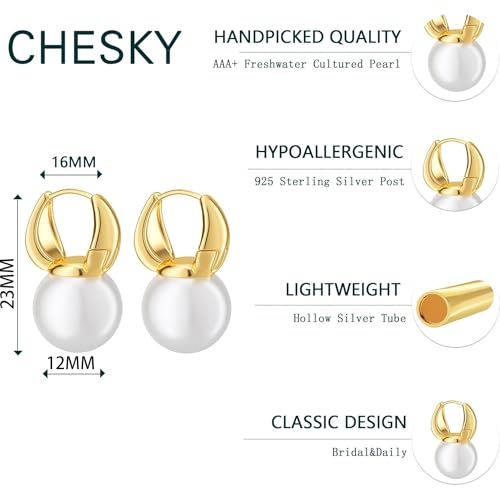 CHSKY Pearl Earrings for Women, 14K Gold Plated Quality Handpicked AAA+ Freshwater Cultured Round Pearls Small Gold Hoops Trendy Dangle Pearl Drop Earrings Jewelry Gifts for Women by CHESKY - Image 3