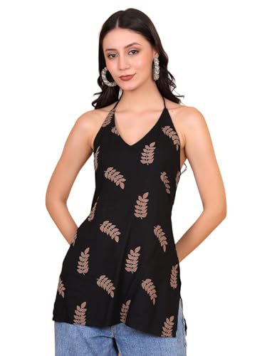 Image of StyFun Women Viscose Rayon Ethnic Motifs Printed Sleeveless Kurti with V-Neck Black Ideal Gift for Girls