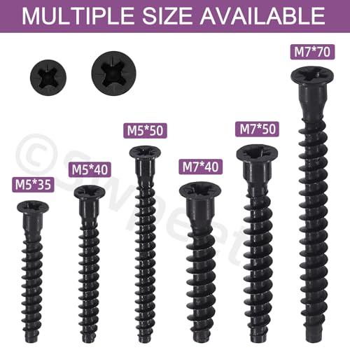 Swpeet 50 sztuk M5 x 40 mm Czarne ocynkowane śruby Confirmat ze stali węglowej Zestaw asortymentowy, Wkręty meblowe łączące z łbem walcowym stożkowym krzyżakowym samogwintujące do montażu i