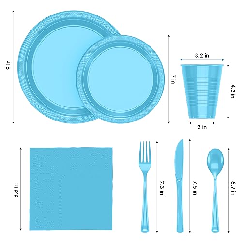 Image of Exquisite 350 Pcs Light Blue Plates and Napkins Party Supplies Plate Sets | Sturdy Plastic Dinnerware Set With 9 inch & 7 inch Plates, 12 Oz Cups, Lunch Napkins and Cutlery Serves 50 for Birthdays & Everyday
