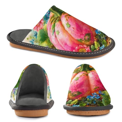 Slippers for Women Pink Pumpkin Flowers Soft Fuzzy Women's Slippers Indoor and Outdoor Shoes2