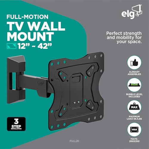 Image of ELG Full Motion TV Wall Mount for TVs 15'' to 58'', Holds up to 66.1lbs, 6-Way Swivel Tilt Cantilever | Boost Viewing with LED /LCD /Plasma Precision | Easy Setup, Sleek Modern Look! FULL20,Black