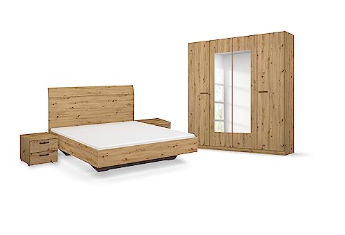 Rauch Möbel Florenz Schlafzimmer, Eiche Artisan, Holz, bestehend aus Bett mit Liegefläche 180x200 cm inklusive 2 Nachttische und Drehtürenschrank mit Spiegel BxHxT 181x210x54 cm
