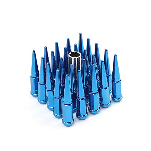 Eapmic 24Pcs Spike Lug Nuts 14x1.5 4.4" Tall with Key Fit for Chevy Silverado Tahoe Aftermarket Wheels Lug Nut (Blue)