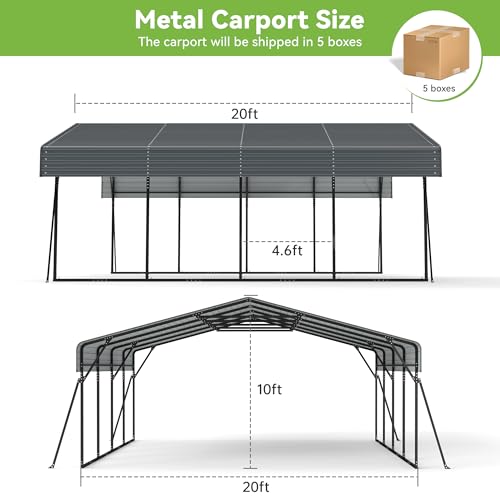 Image of Heavy Duty Metal Carport, 20x20FT Carport Canopy with Galvanized Steel Roof and Reinforced Frame, 4 Support Rods, Outdoor Garage Car Shelter Shade for 2 Cars, Boats and Truck, Party, Gray