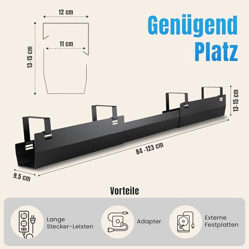 2GOODz - Kabelwanne für Schreibtische - Kabelkanal ausziehbar 84 bis 122 cm - Effizientes Kabelmanagement - Komplett Set mit Gratis Zubehör - Einfache Montage - Schwarz