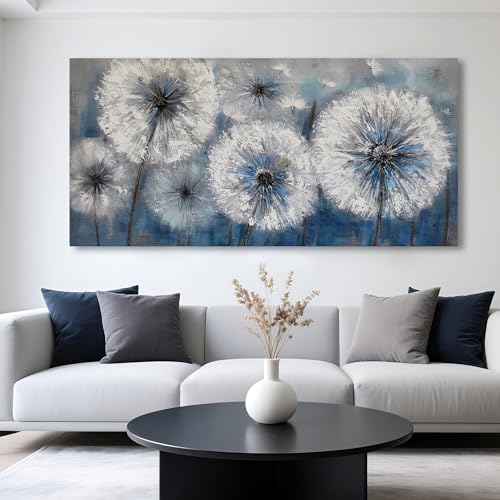Image of Dandelion Wall Art Blue Large Picture for Living Room Canvas Art Wall Decor Above Bed White Flower Artwork for Walls Wall Paintings Modern Art Aall Decor Framed Wall Art for Bedroom 29x58IN