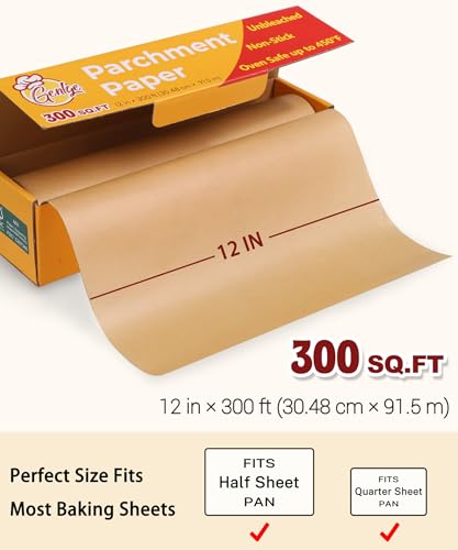 300 Sq. Ft Unbleached Parchment Paper Roll – 12\" x 300 ft, Non-Stick Brown Baking Parchment Paper, Heavy Duty for Oven, Air Fryer & Grilling