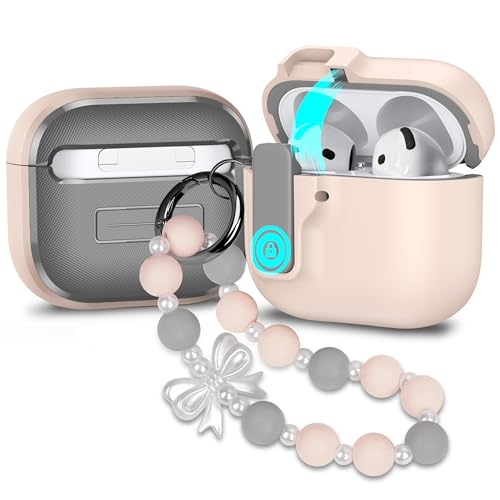 Compatible with AirPods 4 Case with Lock, AirPods 4th Generation Case Auto Pop-Up Lid Full Protection Cover with Lanyard Keychain for Girls, Pink Bow