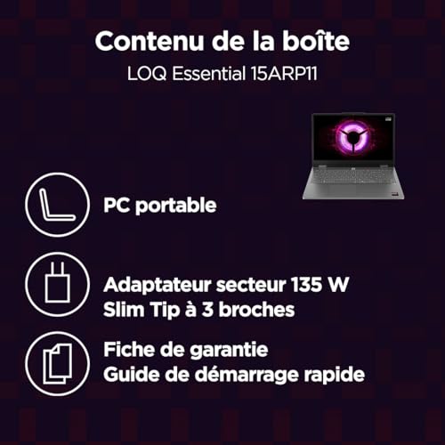 Lenovo LOQ Essential 15ARP11 - Ordinateur Portable Gaming 15.6'' FHD (AMD Ryzen 7 170, RAM 16Go, SSD 512Go, NVIDIA RTX 5050 8GB) Clavier rétroéclairé AZERTY Français - Gris Lunaire
