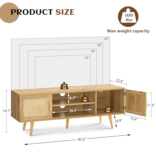 FIONESO Rattan TV Stand for 55 Inch TV, TV Bench, Entertainment Center TV Console with 2 Cabinets & Shelf, Media Console, Rattan Cabinet for Living Room, Natural by FIONESO - Image 5