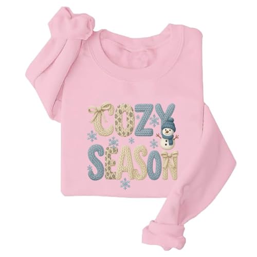 Image of Winter Holiday Faux Yarn Cozy Season Merry Bright Christmas Leopard Snowman Sweatshirt for Women Gifts (US, Alpha, 3X-Large, Regular, Regular, Pink)