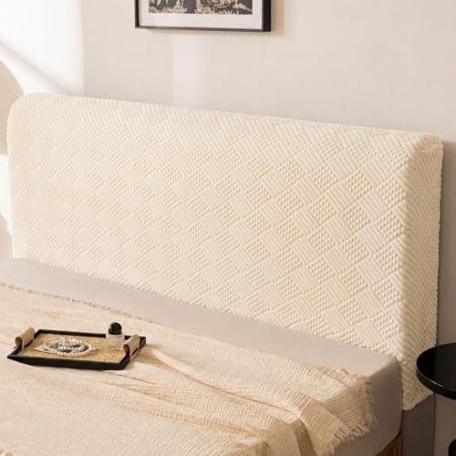 Image of HOMETHREADS Stretchable Lycra /Velvet Headboard Cover | Soft, Dust-Proof & Wrinkle-Resistant Bed Back Protector | Fits Leather, Wooden & Fabric Bedsides | for 2ft to 3.3ft Beds(Cream, 85x65cm)