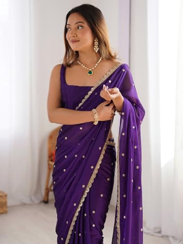 Image of AKHILAM Women's Pure Georgette Embroidered Saree With Unstitched Blouse Piece