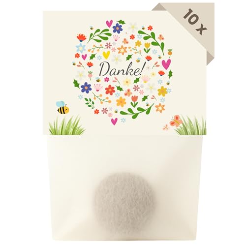 Danke Blumensamen als Gastgeschenk (10er Set Samenbomben) - Kleine Dankeschön Geschenke als Mitgebsel - Blumensamenmurmeln als Kleinigkeit für Kollegen Kinder und Erwachsene