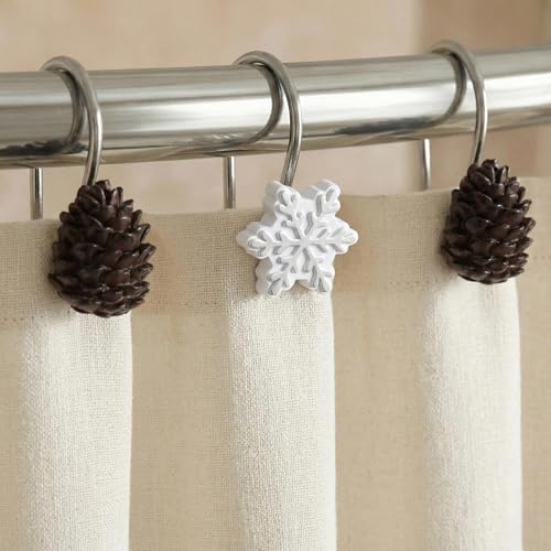 Christmas Snowflake & Pine Cones Shower Curtain Hooks12 Pcs Festive Winter Holiday Decorative Bathroom Accessories Rustproof Stainless Steel Rings for Lodge Cabin Western & Woodland Themed Decor