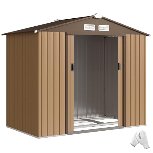 Outsunny Caseta de Jardín Exterior, 2,5 m² 213x130x185 cm, Cobertizo de Jardín Exterior Metálico con 2 Puertas Correderas, Base Refuerzo (Suelo NO Incluido) y 4 Ventanas, Caqui