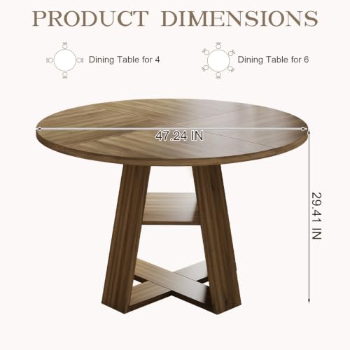 47.2 Inches Round Dining Table for 4 to 6 with Open Storage Space,Walnut - image 3