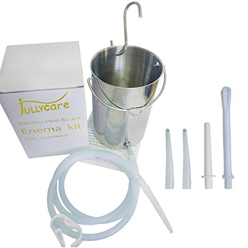 Jullycare Stainless Steel Enema Bucket Kit - Non Toxic. 2 Quart Capacity. Reusable for Water and Coffee Colon Cleansing Detox Enemas. Includes Nozzle Tips, Storage Bag and Full Instructions