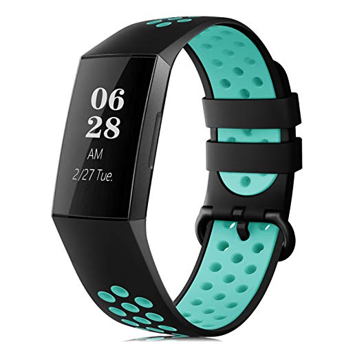 RIOROO Correa Compatible para Fitbit Charge 3 Pulsera/Charge 4 Correa para Hombres Mujeres Relojes Banda de Reemplazo Silicona Transpirable Deportivo Pulseras de Repuesto Negro Verde Azulado,S Cover