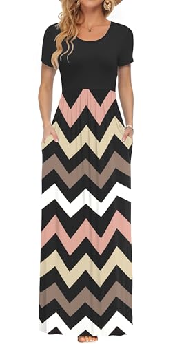 Image of AUSELILY Women's Summer Short Sleeve Loose Plain Casual Long Maxi Dresses | Year Round wear solid floral print, Casual wear, Empire waist, Floor length, Side pockets
