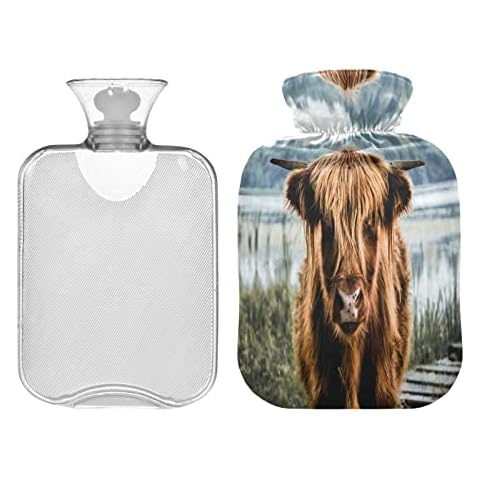 JUMBEAR Hot Water Bottles with Velvet Cover,2L Large Hot Water Bag for Warm Pain Relief and Cold Heat Therapy Warm in Winter Gifts, Fit for Kids/Adult-Highland Cow Cover