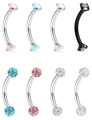 Hoeudjo 14Pcs Surgical Steel Rook Daith Earrings Belly Lip Ring Eyebrow Studs Cartilage Tragus Cubic Zirconia Curved Barbell Body Piercing Jewelry For Women Men 10Mm 3/8 Inch #TOP3