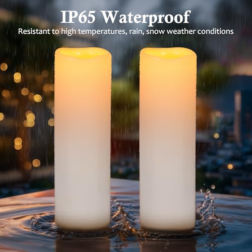 Image of 14 inch x 4 inch Large Outdoor Candles Waterproof Flickering LED Flameless Candles with Remote - Realistic LED Pillar Candles Battery Operated with Timer for Wedding Festival Home Decor White 2 Pack