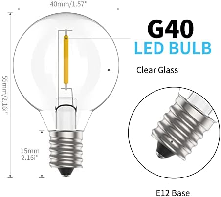 Svater 25 Pack E12 LED Bulbs 1W G40 Glass Bulbs Replacement for String Lights Outdoor Indoor 2700K Warm White IP44 Waterproof