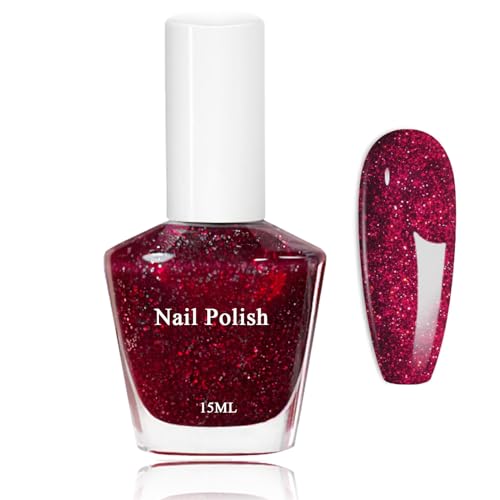 15ML Glitzer Nagellack Rot, Glossy Schnell trocknend & Langanhaltend ungiftiger Nagellack, Shimmer...
