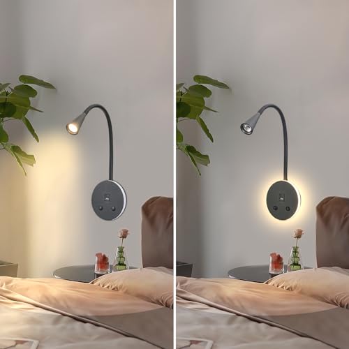 Image of Book Lights for Reading at Night, LED Wall Mounted Reading Light, Flexible Gooseneck Wall Lamps for Bedroom, Plug in Wall Lights with USB Charging, Bedside Wall Sconces Focused Bed Lamp (Black)