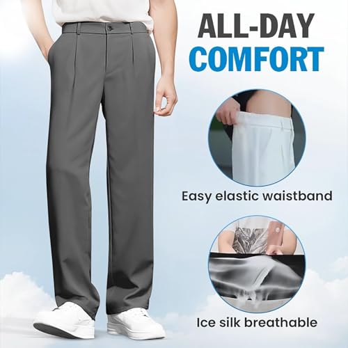 Fleurosta Mens Pants, Easemotions Super Stretch Ice Silk Comfort Everyday Pants Casual Relaxed Fit Breathable3