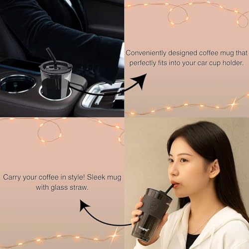 Image of 400ml Glass Sipper Mug with Leather Grip Sleeve - Leak-Proof Lid & Straw | Reusable Tumbler for Hot & Cold Beverages, Water, Juice, Coffee | Home, Bar, Office Use (Big Black Mug)