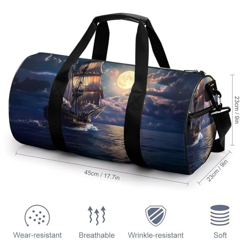 Boat Seascape And Moon in The Sky Sports Gym Bag Travel Duffel Workout Bag with Adjustable Strap2