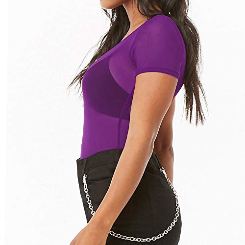 Allchic Womens Short Sleeve Sheer Mesh Tops Sexy See Through Tee Blouse Clubwears (V Neck Purple, Large) #TOP1