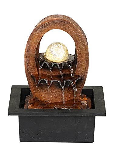 Image of INDIANA CRAFT Polyresin Brown Designer Oval Table Top Indoor 2 Steps Waterfall Fountain with Yellow LED Lights, Water Flow Controller Pump and Crystal Ball (Size: 25 x 21 x 18.5CM | Weight: 1180grm)