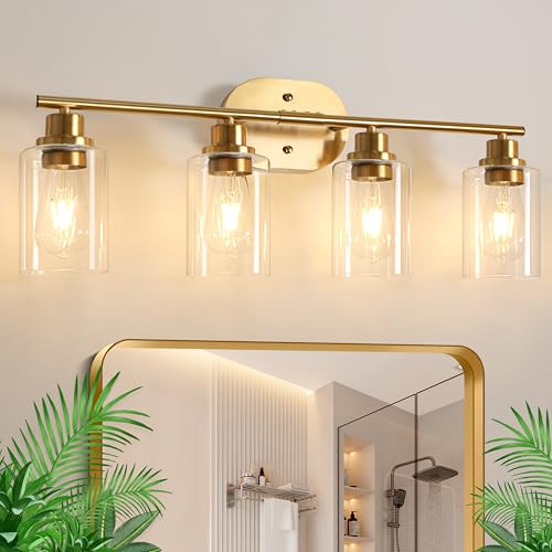 Ascher 4-Light Bathroom Light Fixtures, Modern Vanity Lights Over Mirror, Gold Wall Lamp with Clear Glass Shade for Bathroom Mirror Hallway Cabinet Porch Living Room