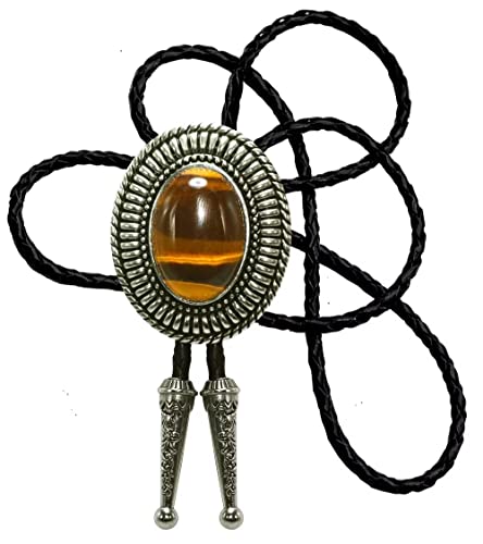 Image of Moranse Bolo Tie with Natural Tiger Eye Stone Celtic Style Genuine and Cowhide Rope