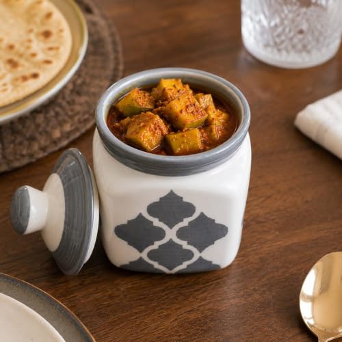 Image of Niyara Multipurpose Storage Ceramic Pickle set Jars with Lid & tray & spoon & Salt Dispenser (Set of 4, 300 ML) (Square pickle set)