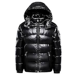 Earnmore Veste chaude en duvet pour homme - Couleur unie - Veste d'hiver à capuche - Fermeture éclair - En métal brillant, Noir, L