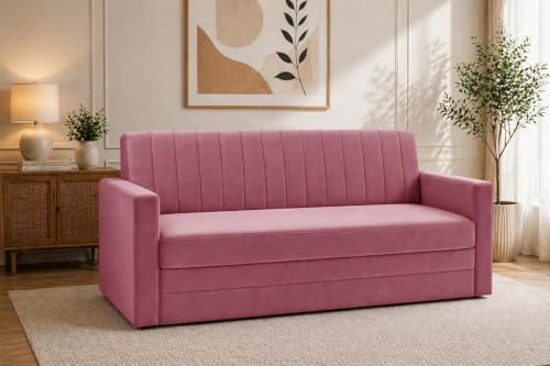 Image of Velvet Three-Seater Sofa Cum Bed with Armrest, Convertible Sleeper Couch Sofa for Living Room, Bedroom & Office- Rose Pink Color