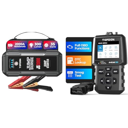 TOPDON Jump Starter JS2000, 2000A/16000mAh Battery Booster Jump Starter Power Pack for Up to 8L Gas & AL500 OBD2 Code Reader with Full OBD2 Functions, Universal Car Diagnostic Tool OBD Scanner